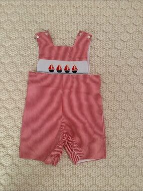 Red Striped Smocked Sailboat Kids Shortall